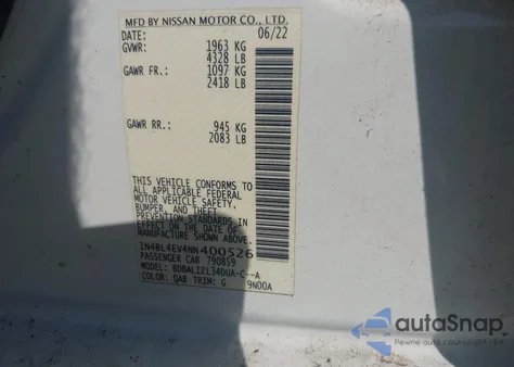 2022 Nissan Altima Sl Fwd из США, поврежденный, VIN 1N4BL4EV4NN400526